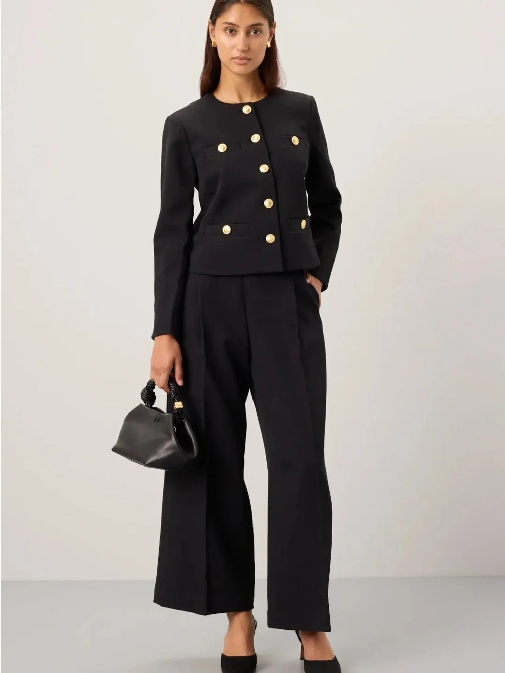Rosetta Getty Collarless Black Jacket Gold Button Blazer Size 10 Workwear Chic